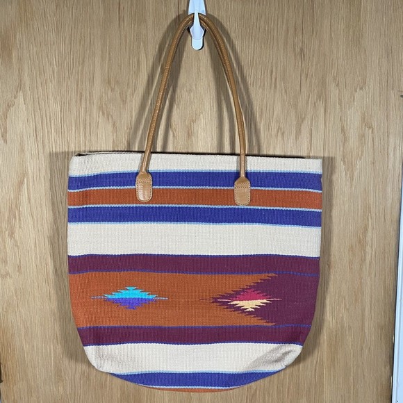 Southwest Aztec Tote Bag Colorful Stripe Pattern Color Block 100% Cotton Western - Picture 1 of 7